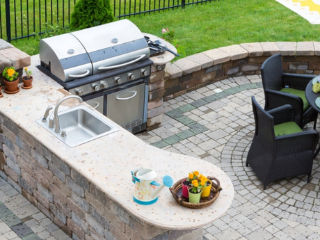 A backyard with a swimming pool and a grill