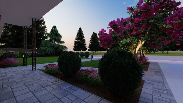 A rendering of a garden with purple flowers and bushes