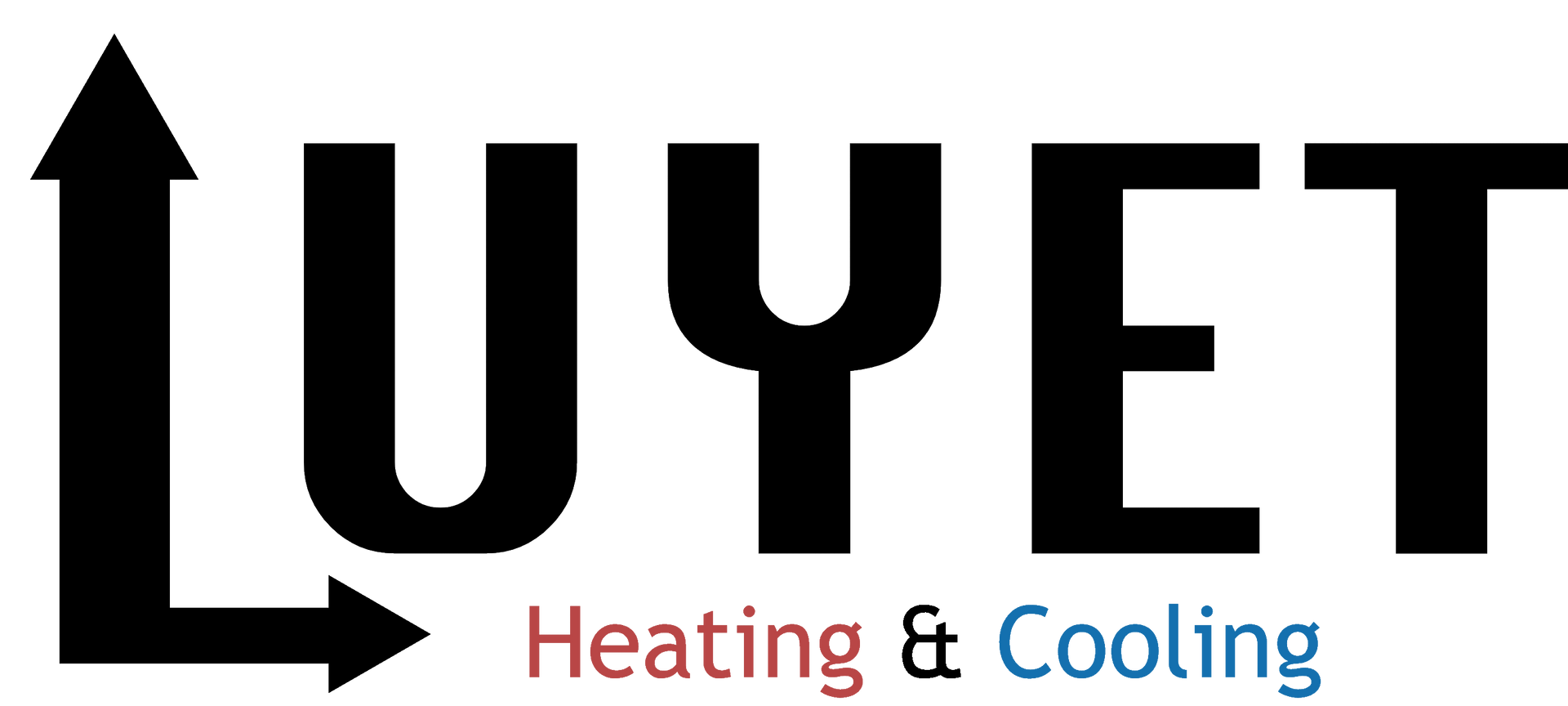 a logo for luyet heating and cooling with an arrow pointing up .