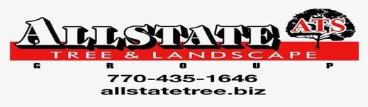 Allstate Tree & Landscape logo with red banner, phone number 770-438-1646, and website allstatetree.biz