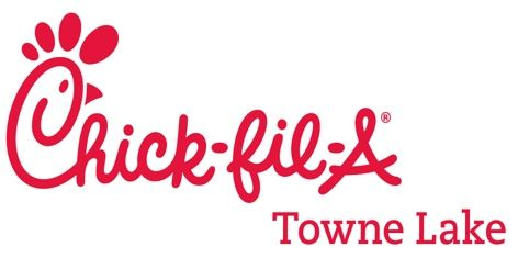 Chick-fil-A Towne Lake logo in red and white with cow mascot icon