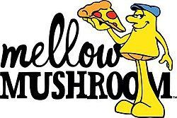 Mellow Mushroom logo with yellow mascot holding a slice of pizza