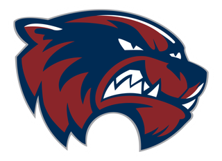 Red and blue fierce wolf head logo with bared teeth and white eye accents