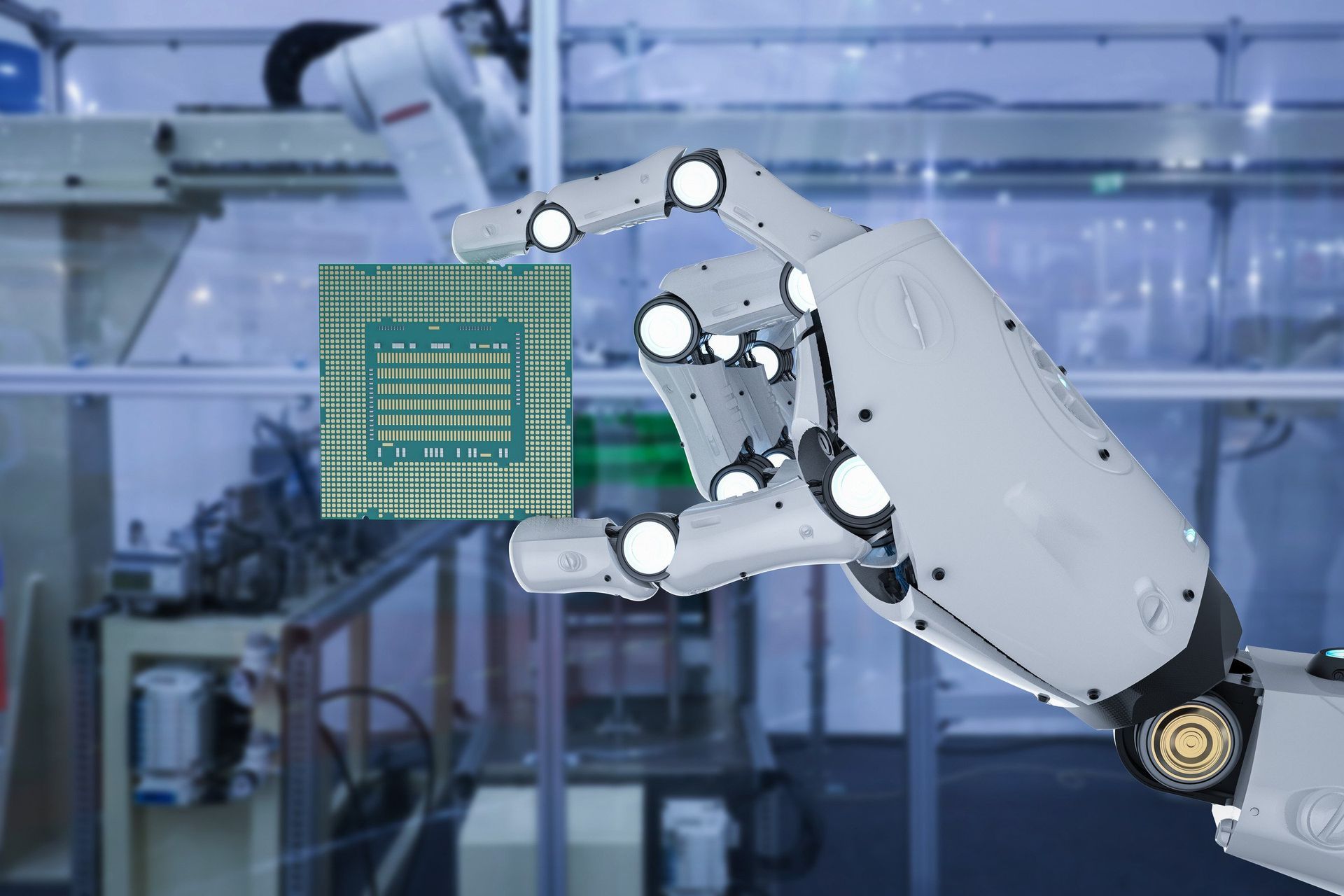 A robotic hand is holding a chip in a laboratory