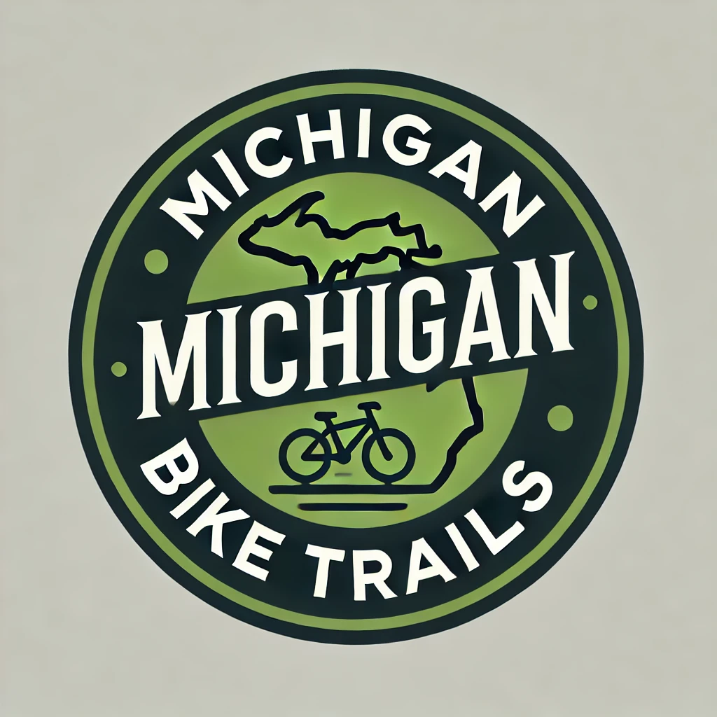 A logo for michigan bike trails with a bicycle in the center