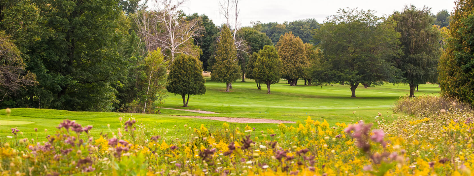 A golf course with trees and flowers in the foreground.