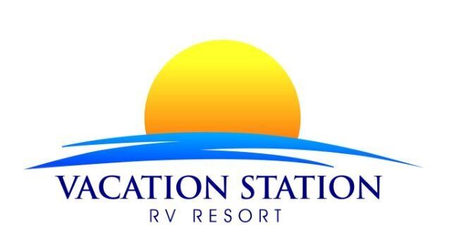 A logo for vacation station rv resort with a sun and ocean