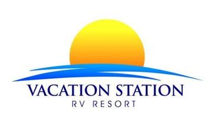 A logo for vacation station rv resort with a sun and ocean