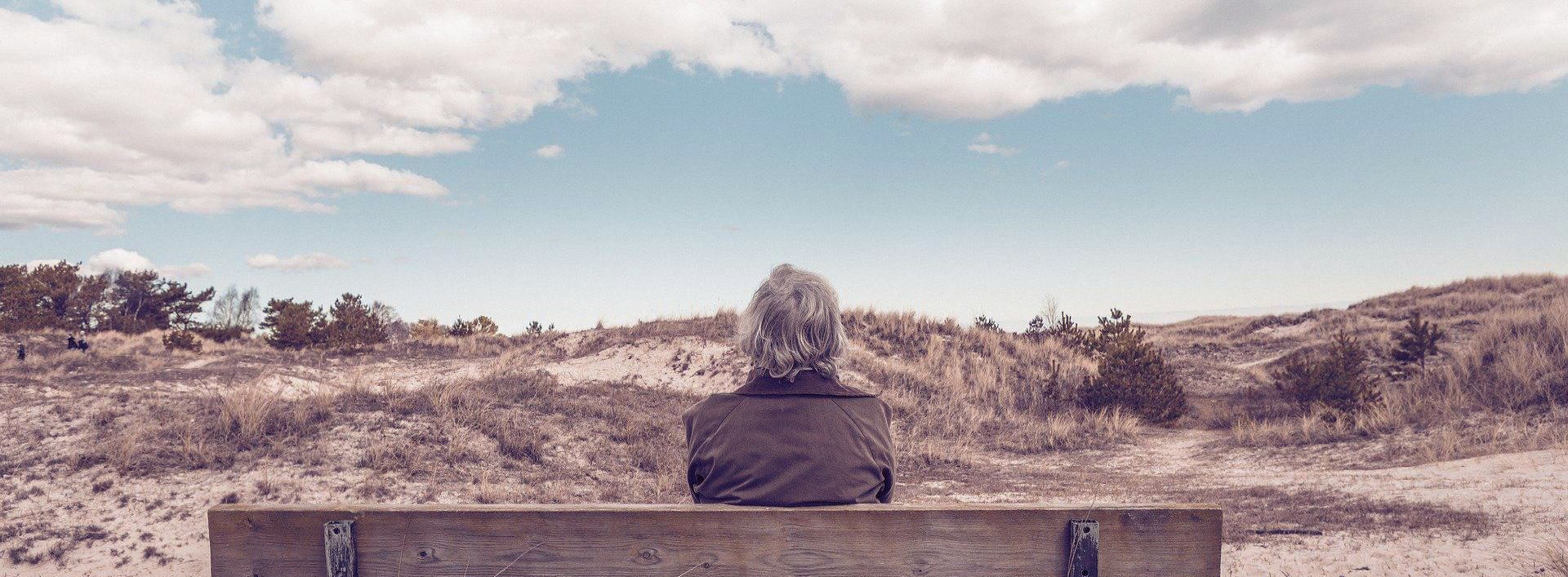 A person is sitting on a bench in the middle of a field.