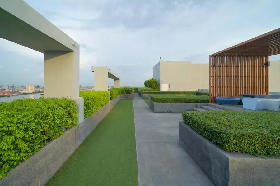 Rooftop garden with green hedges, artificial turf, and a wooden pergola, overlooking a cityscape under a cloudy sky.