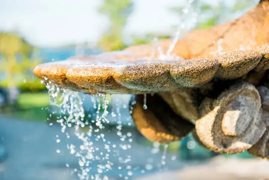 Water flows from an ornate, stone fountain into a pool. Sunlight highlights the water drops.