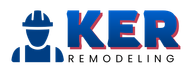 Logo for KER Remodeling. Blue text with red shadow, construction worker icon.