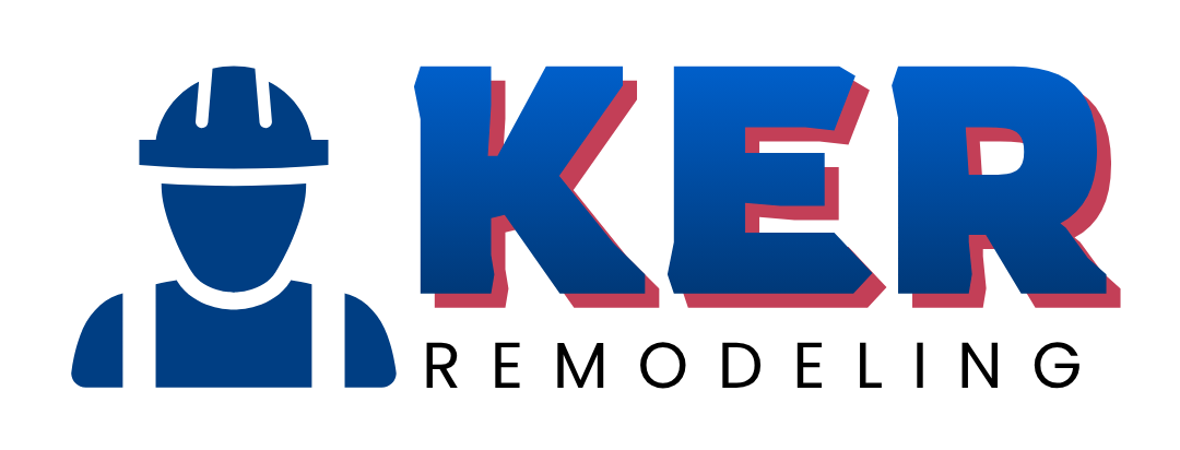 Logo for KER Remodeling. Blue text with red shadow, construction worker icon.