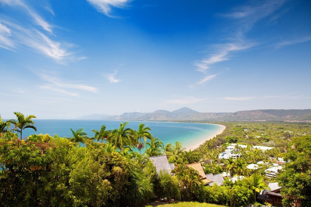 An Aerial View Of A Tropical Beach With Palm Trees And Mountains In The Background — TerraModus Surveying In Douglas Shire, QLD