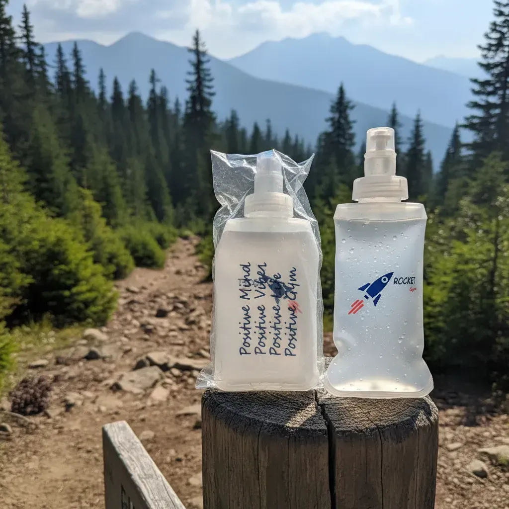 Dos botellas transparentes y plegables descansan sobre un poste de madera contra un fondo de sendero de montaña.