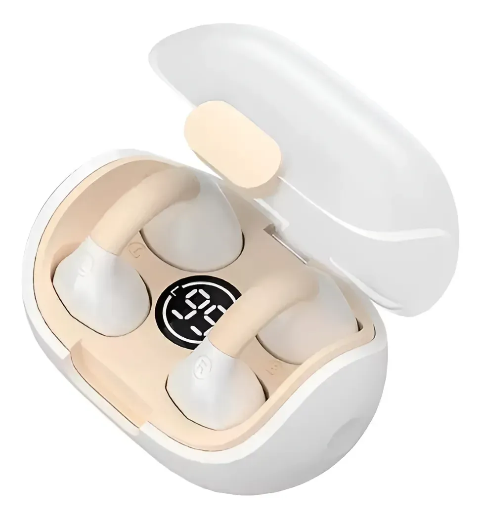 Auriculares inalámbricos blancos en estuche de carga, con pantalla digital de batería.