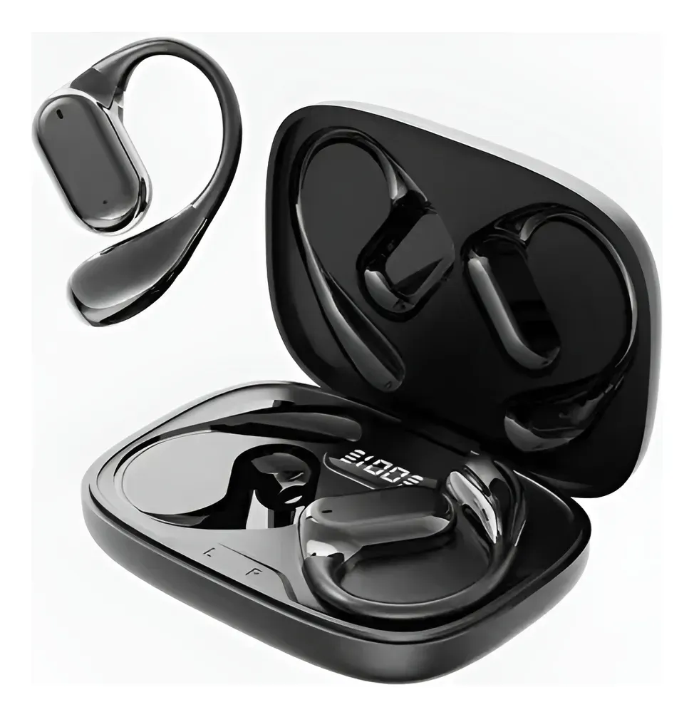 Auriculares inalámbricos de conducción ósea de color negro con estuche de carga.