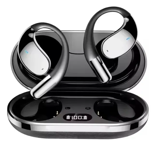Auriculares con gancho para la oreja y estuche de carga. Grises y plateados con pantalla digital.