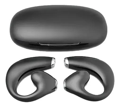 Auriculares inalámbricos negros con estuche de carga. Incluyen ganchos para la oreja.