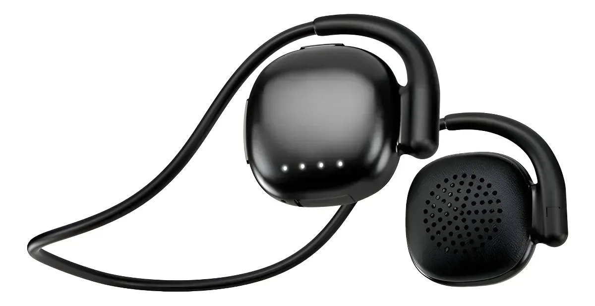 Auriculares deportivos inalámbricos negros con ganchos supraaurales y luces indicadoras de carga.