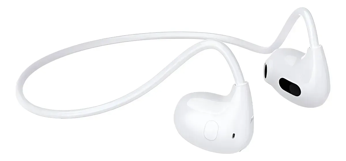 Auriculares inalámbricos con banda para el cuello de color blanco.