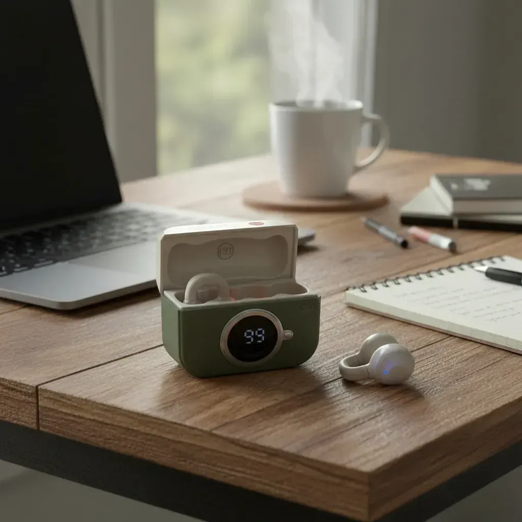 Auriculares cargándose en un estuche verde sobre un escritorio de madera con una computadora portátil y una taza de café.