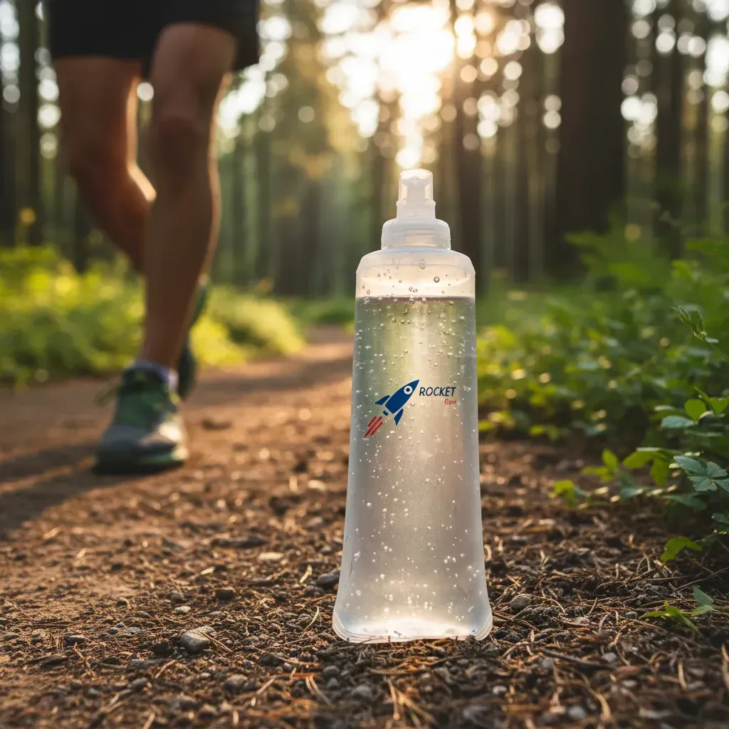 Corredor con botella de agua en el sendero bajo la luz del sol.