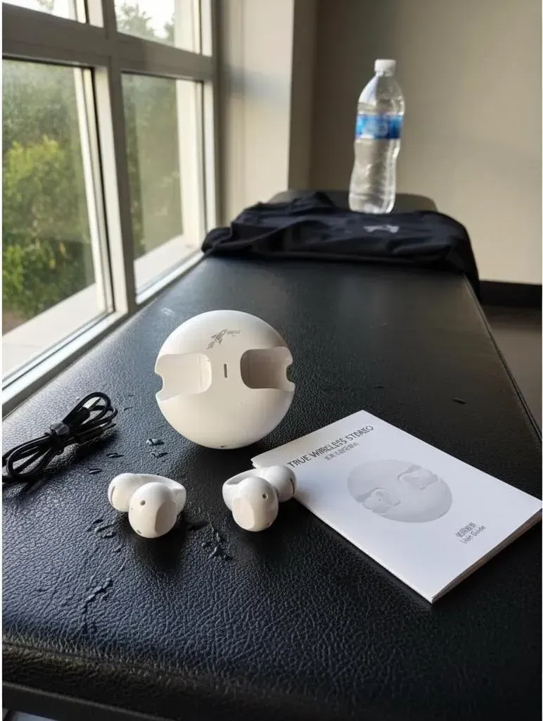 Pelota de masaje blanca, accesorios y manual sobre una mesa negra cerca de una ventana, con una botella de agua y una camisa.