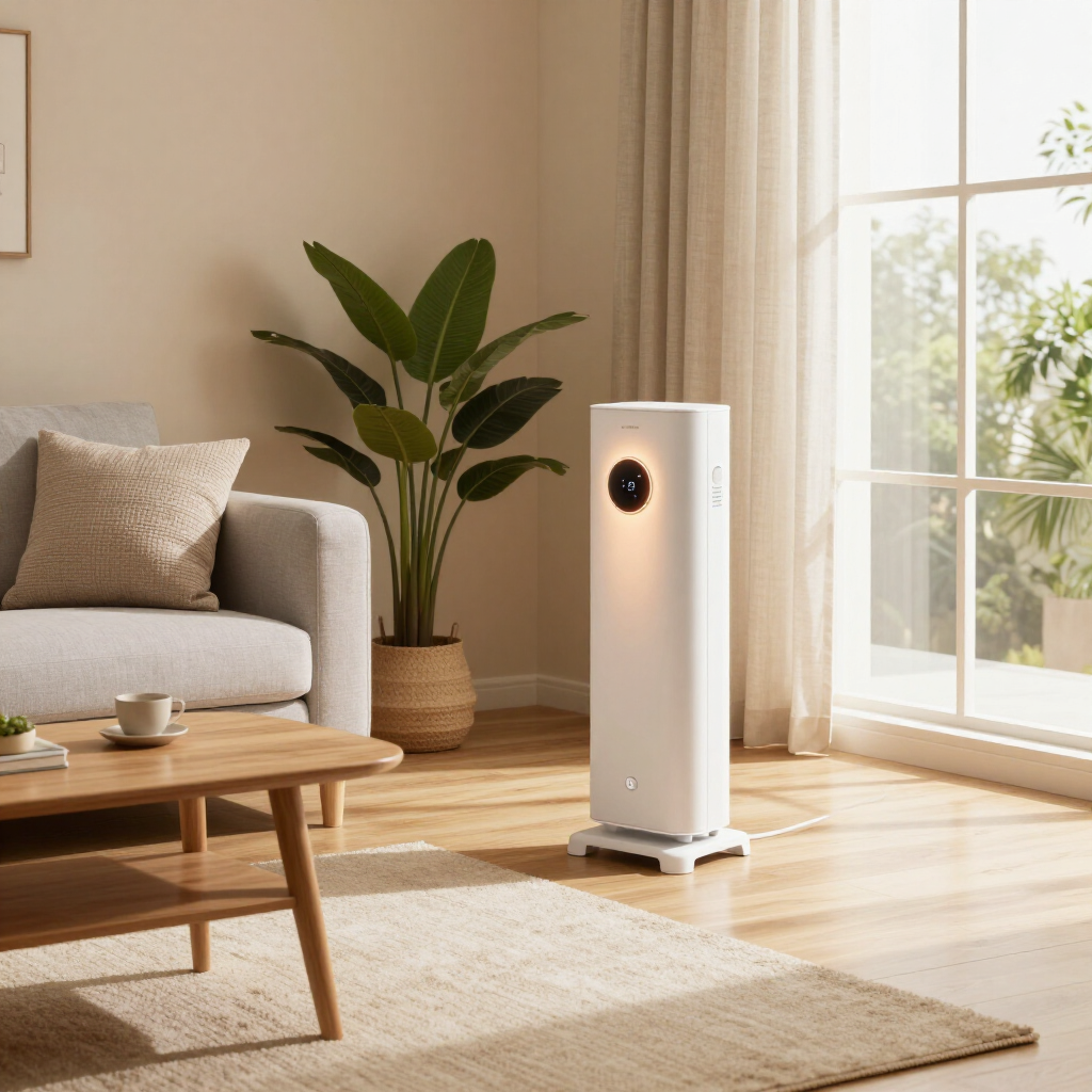 Bright living room with a sofa, coffee table, plant, and a tall white air purifier near a window
