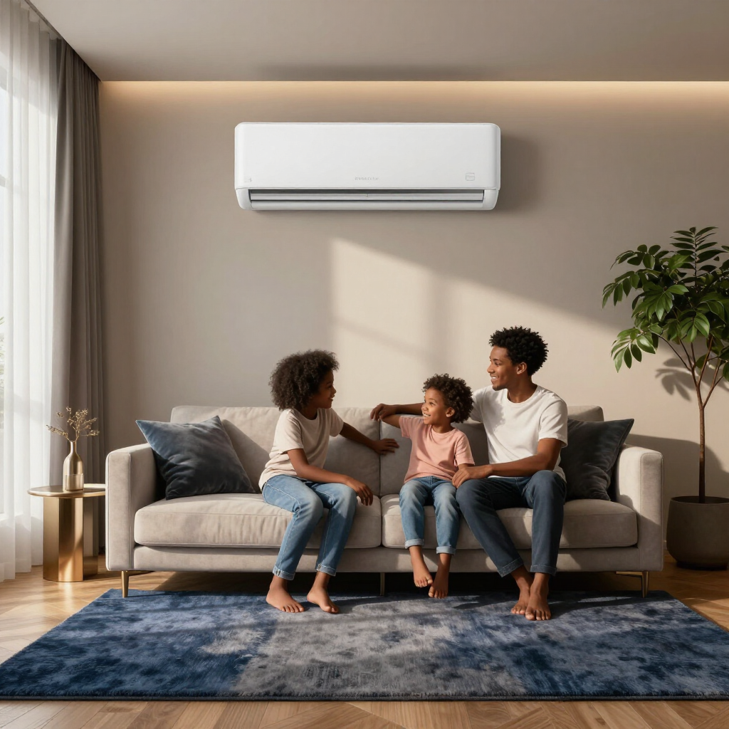 Family sitting on a sofa in a bright living room beneath a wall-mounted air conditioner
