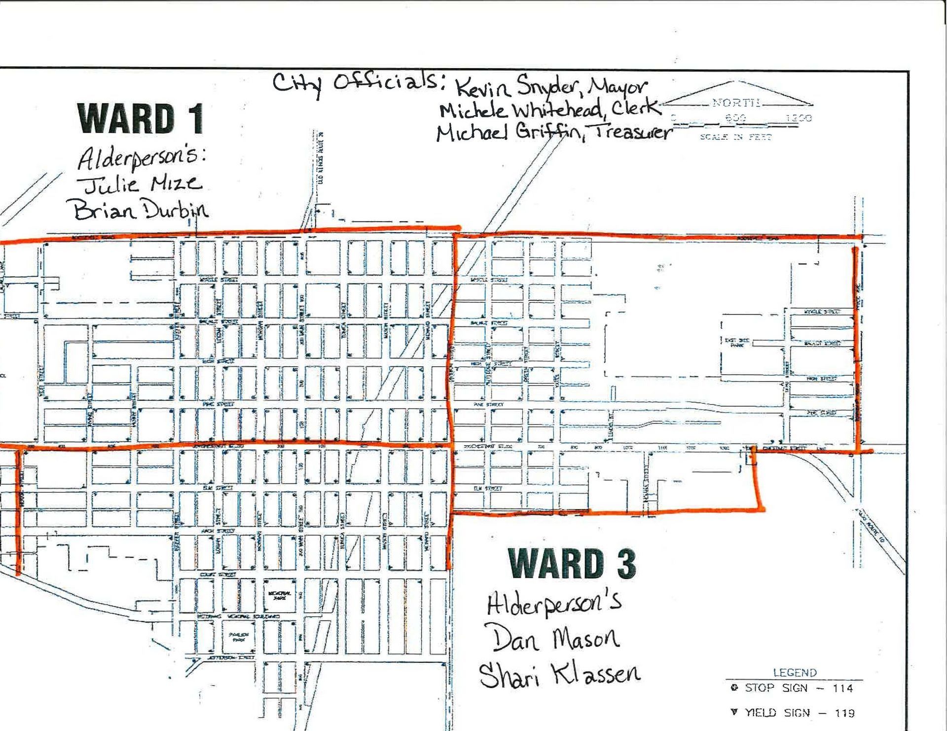 Map of city wards, Wards 1 and 3 outlined in red. Lists alderman and city officials' names.