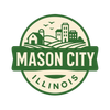 Mason City, Illinois logo with green and white buildings and farmland.