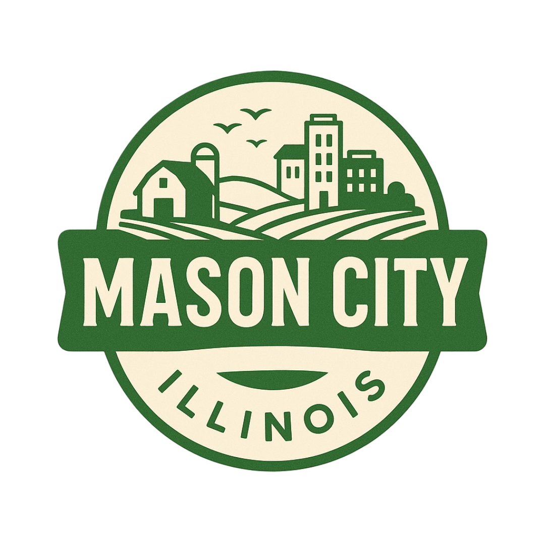 Mason City, Illinois logo with green and white buildings and farmland.