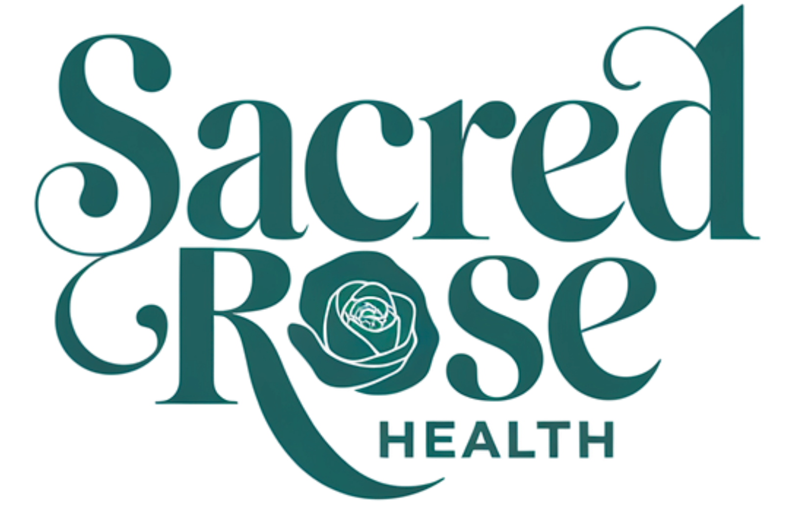 Logo for Sacred Rose Health in teal featuring a rose illustration integrated with the text.