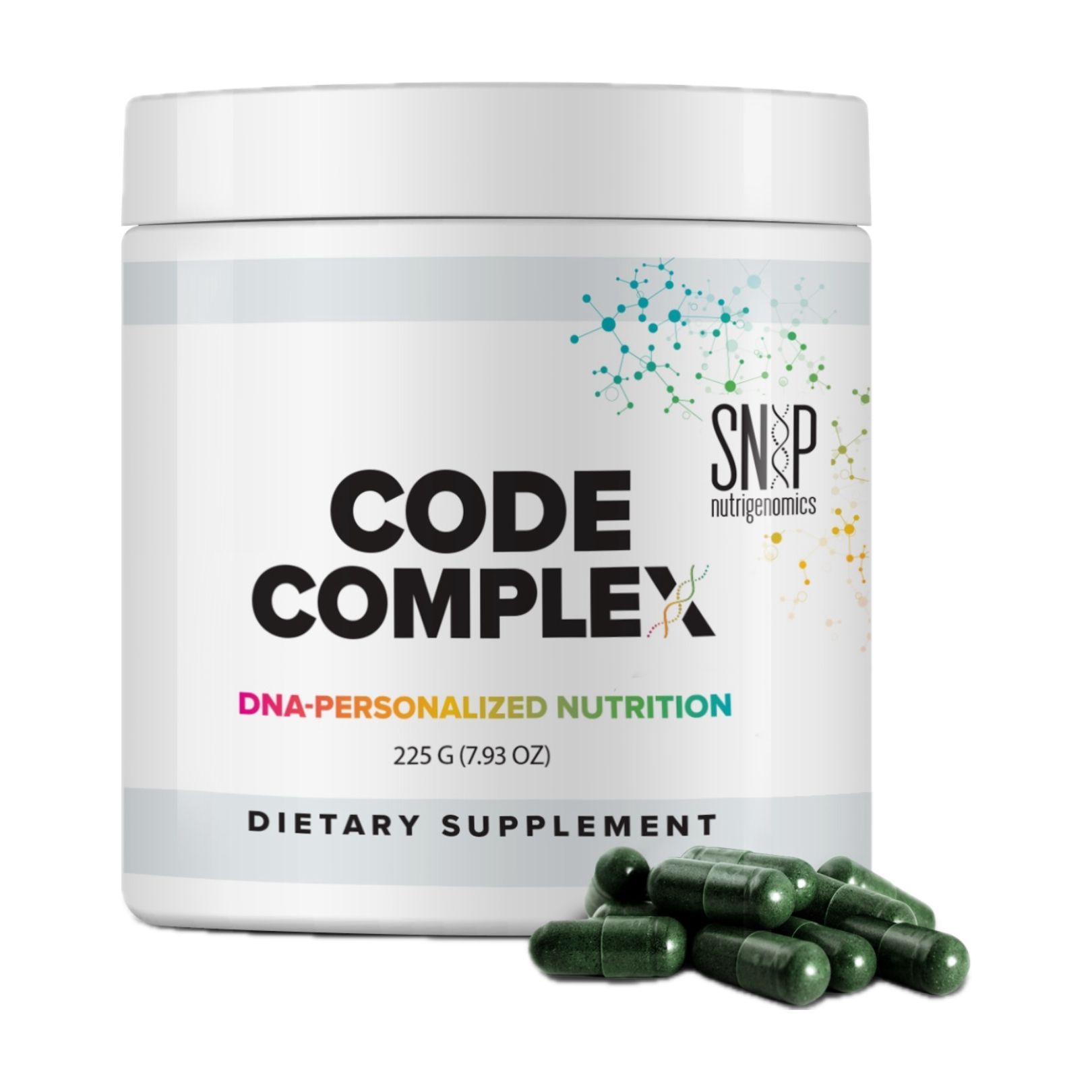 White supplement jar labeled “Code Complex” with green capsules in front