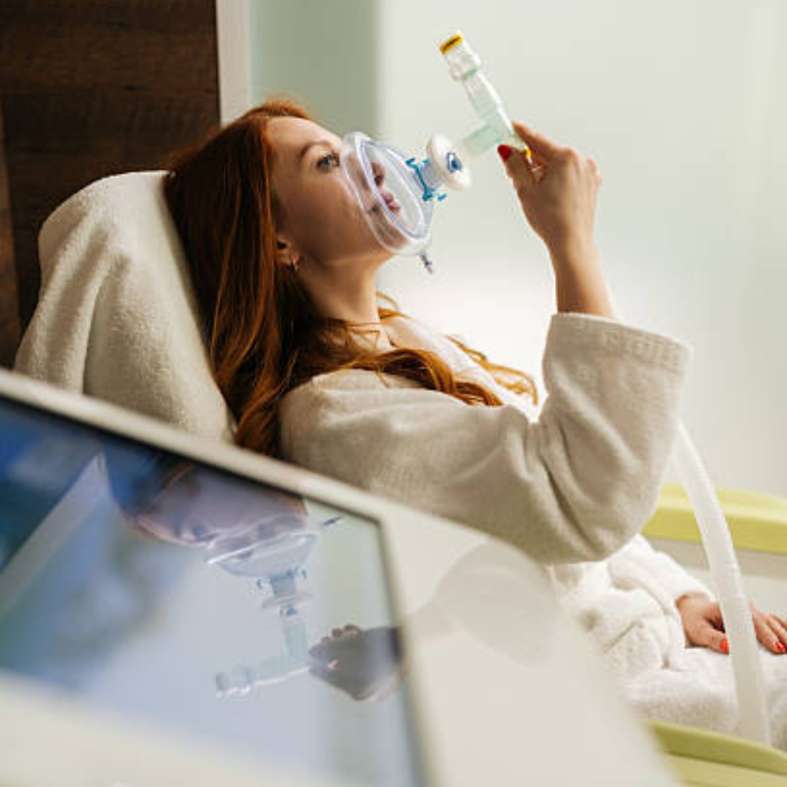 Patient reclining in bed, inhaling oxygen through a mask while holding an IV drip bottle