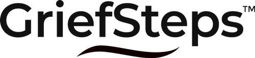 A logo for grief steps with an orange wave on a white background.