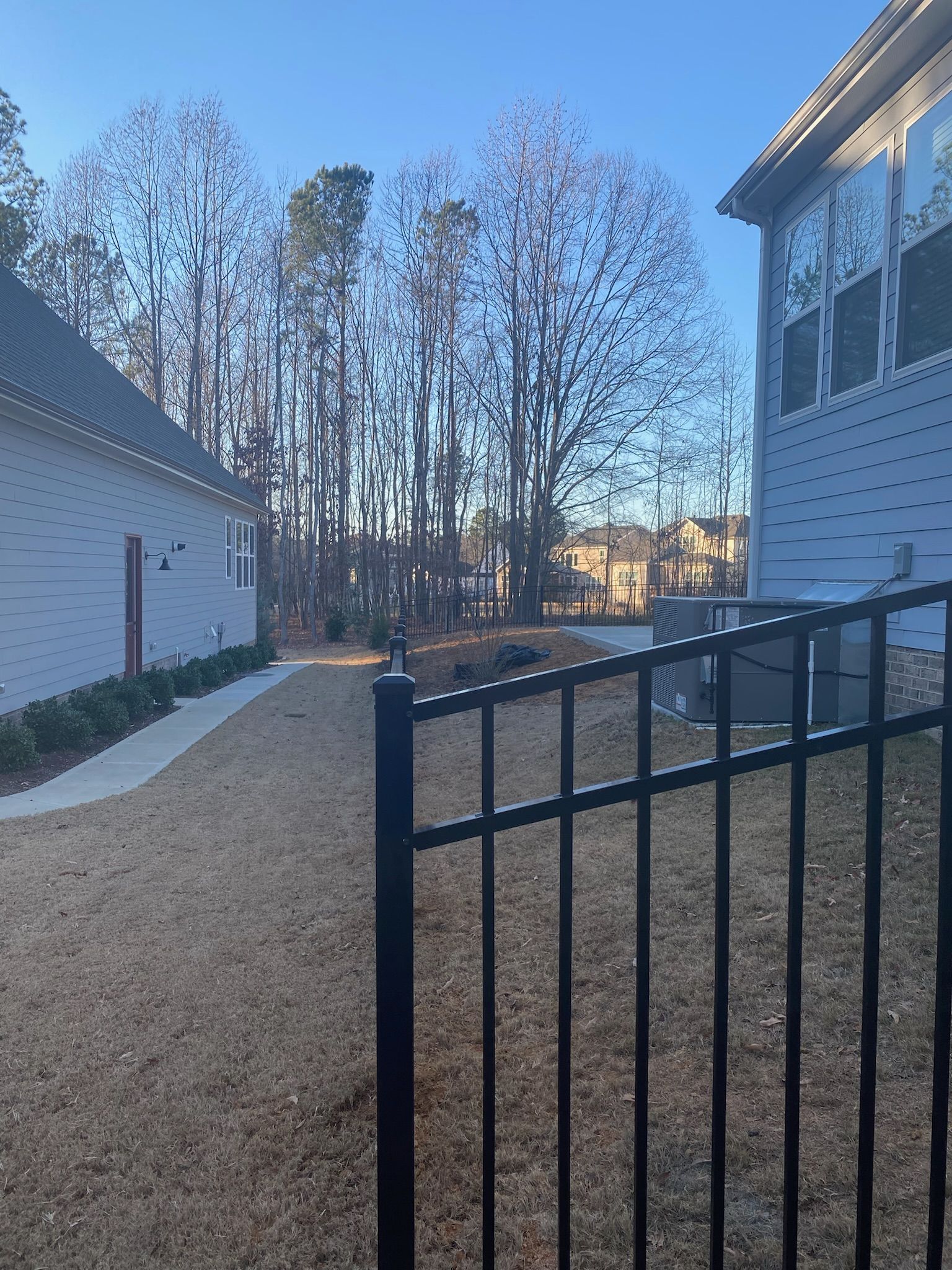 A black fence surrounds a yard with a house in the background.