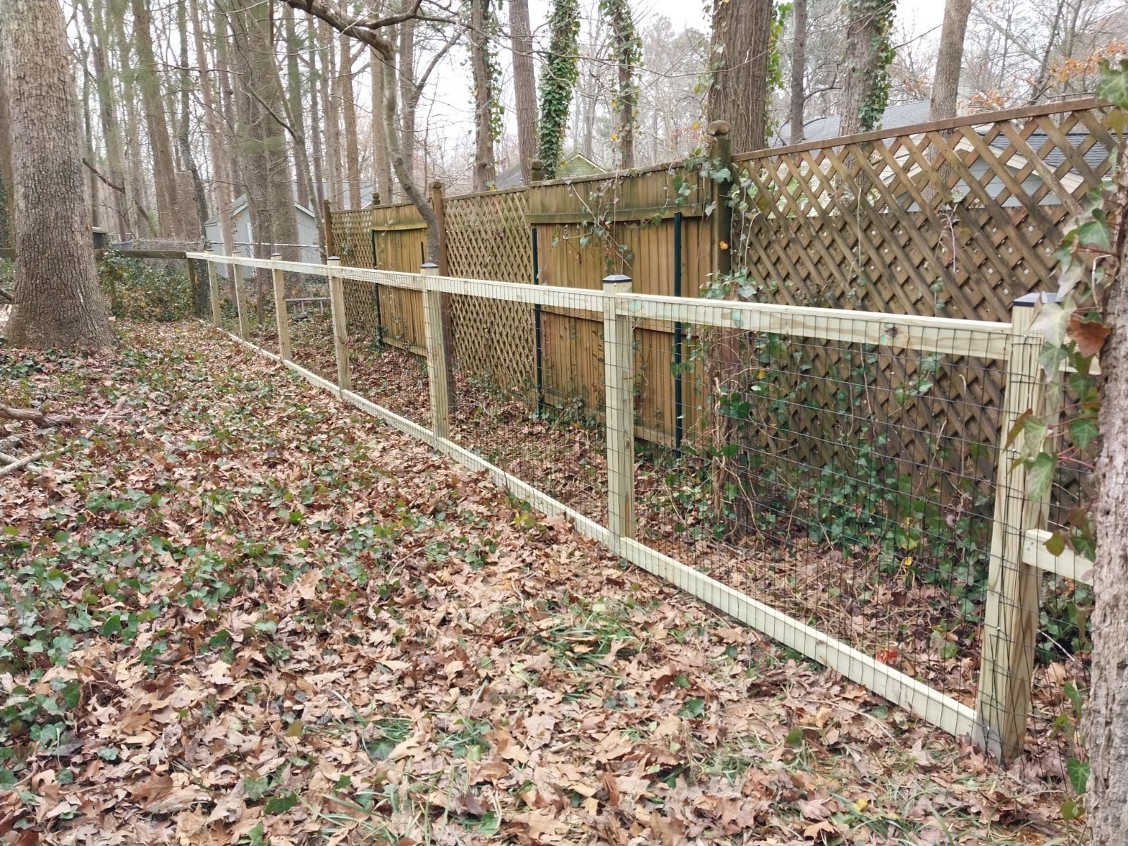 A wooden fence is surrounded by trees and leaves in a yard.