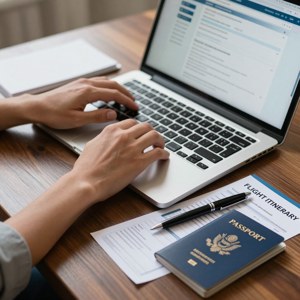 Manos tecleando en un portátil junto a un pasaporte y un documento de viaje sobre un escritorio de madera.