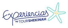 Logotipo de Experiencias by Tourshekinah con texto en letra cursiva azul e icono de estrella de mar turquesa sobre fondo blanco.