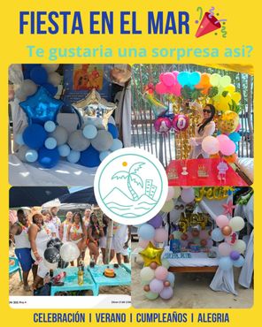 Fiesta marina con globos azules, rosas y amarillos; decoración para celebraciones y cumpleaños.