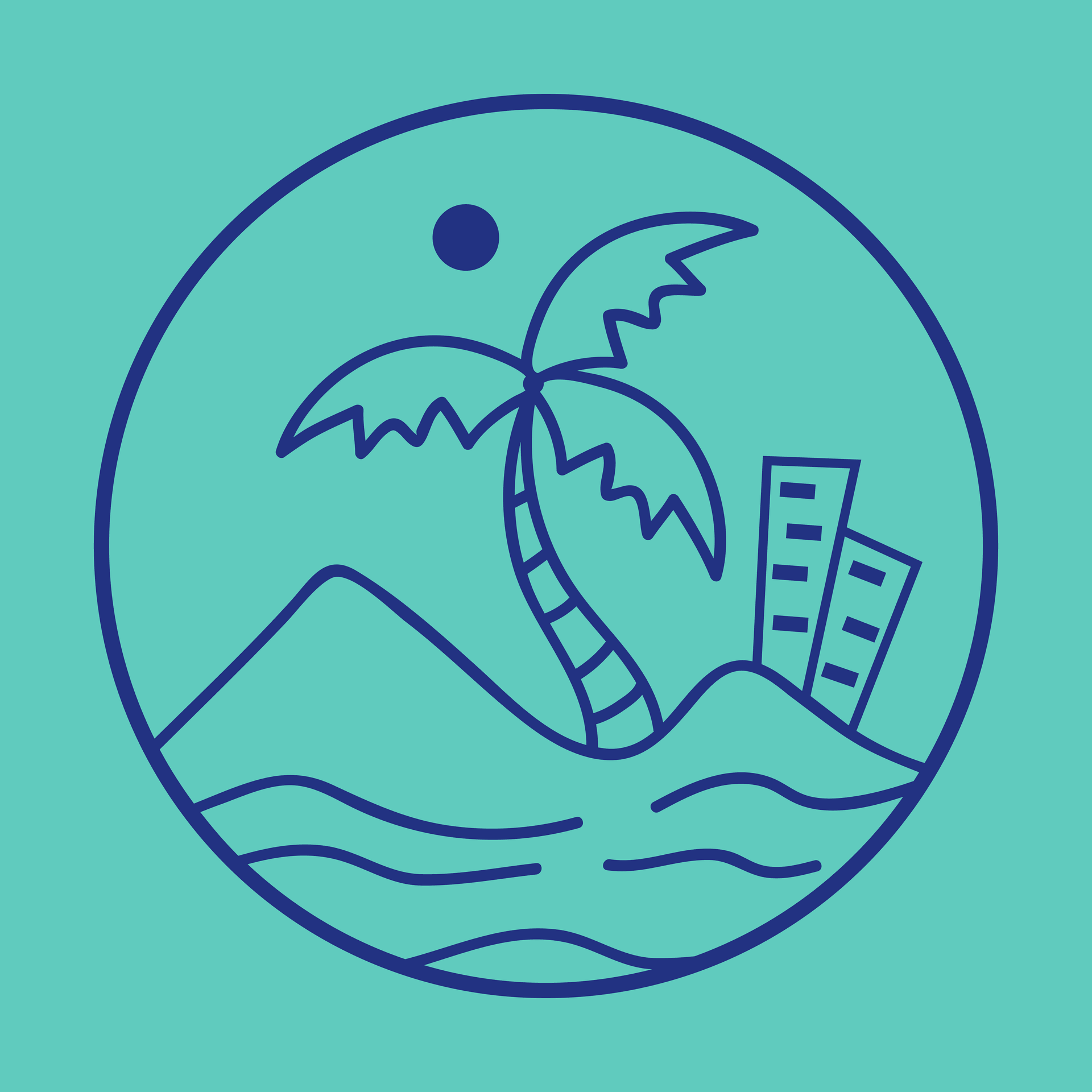 Logotipo de una isla tropical dibujado con líneas azules, con una palmera, un sol, olas y edificios dentro de un círculo.