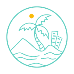 Logotipo de isla tropical con palmera, sol, olas y edificios en contorno color turquesa.
