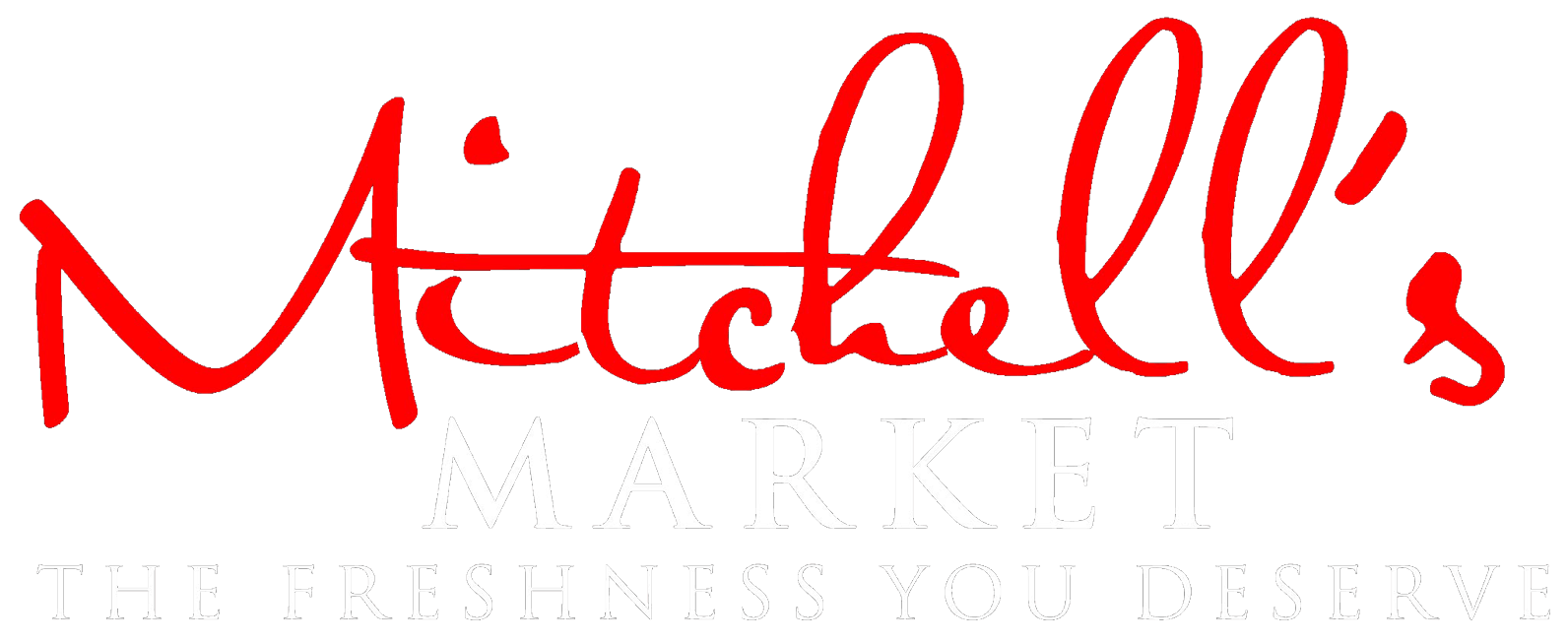 a red and white logo for mitchell's market.