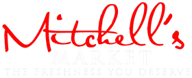 a red and white logo for mitchell's market.