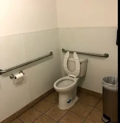 A public restroom stall with a toilet, grab bars, and a trash can.