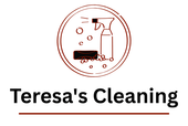 Logo for "Teresa's Cleaning," featuring a spray bottle, soap, and bubbles inside a circle, with text below.