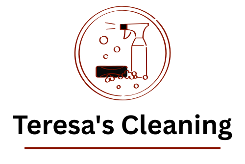 Logo for "Teresa's Cleaning," featuring a spray bottle, soap, and bubbles inside a circle, with text below.