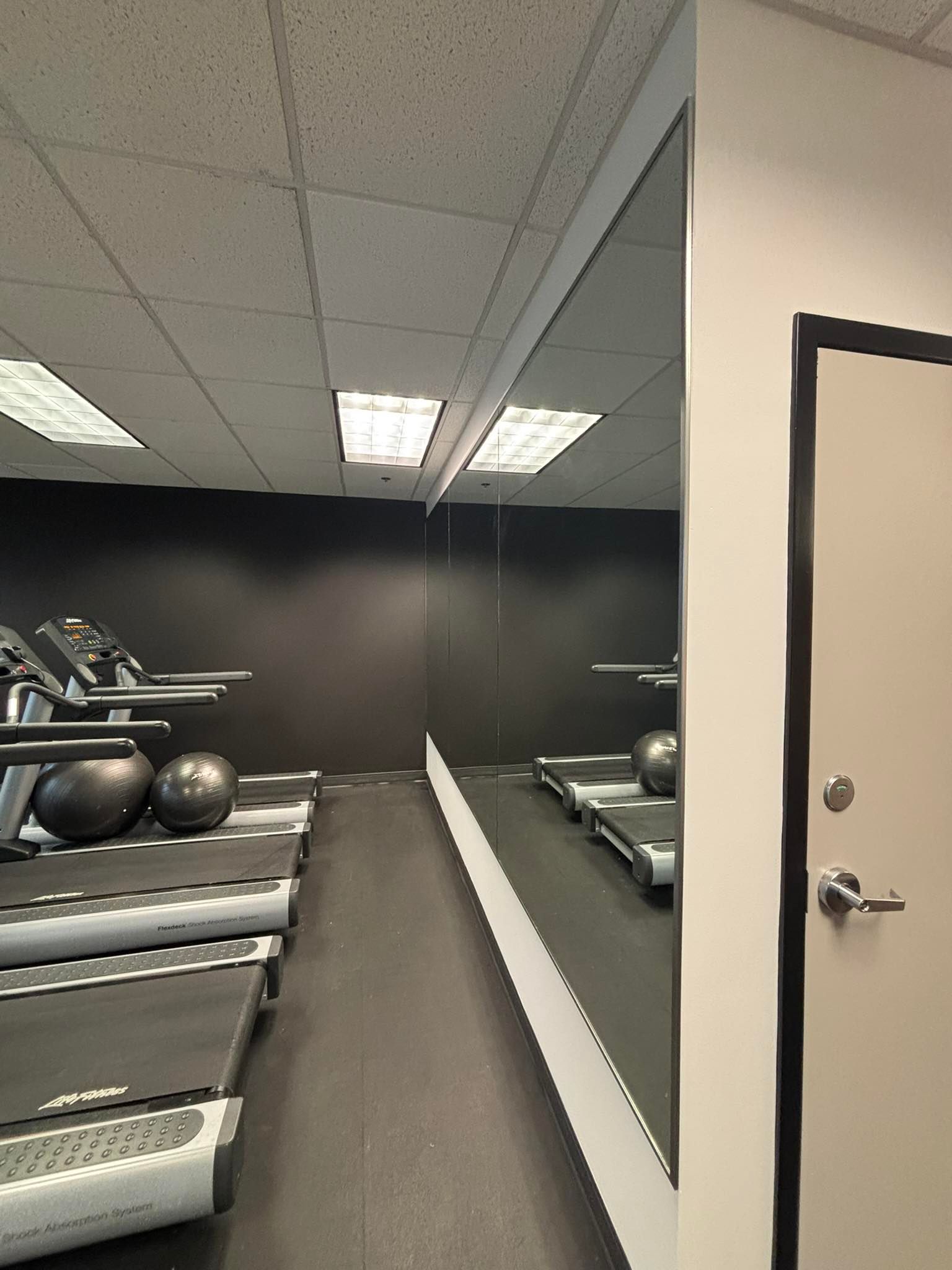 Gym interior with treadmills, exercise balls, and a wall mirror next to a closed door.